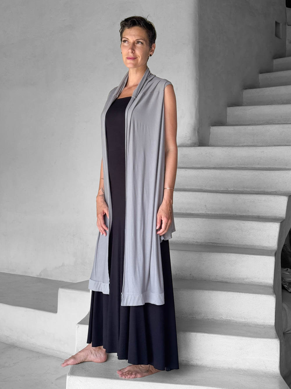 caraucci lightweight rayon jersey convertible gray wrap vest can be worn multiple ways #color_stone