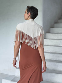 caraucci-fringe-scarf-cream-worn-as-shawl-over-copper-dress #color_cream