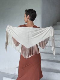 caraucci-fringe-scarf-cream-worn-as-shawl-over-copper-dress #color_cream