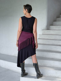 caraucci-fringe-scarf-jam-worn-as-skirt-over-black-dress #color_jam