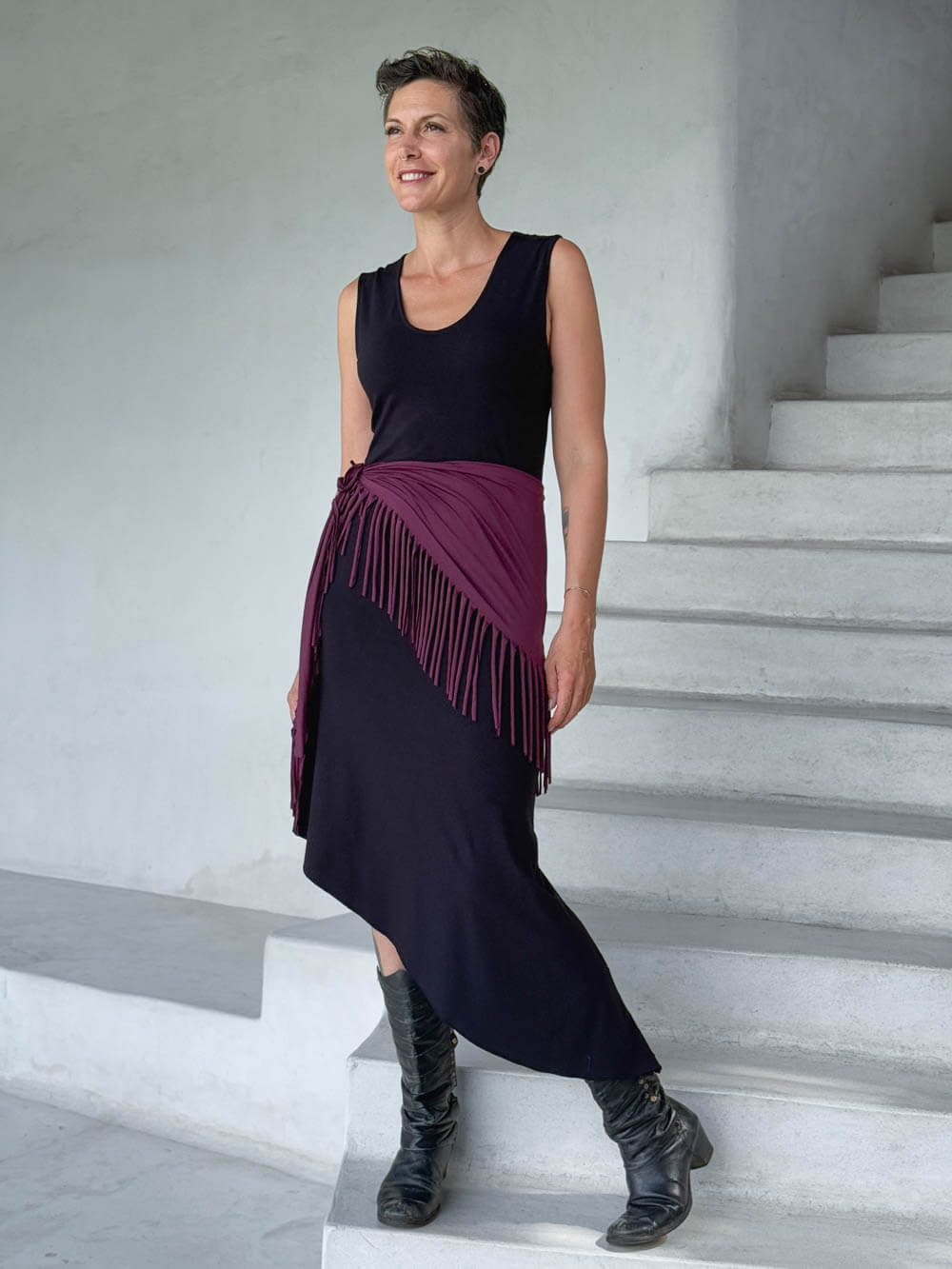caraucci-fringe-scarf-jam-worn-as-skirt-over-black-dress #color_jam