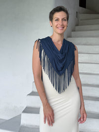 caraucci-navy-fringe-scarf-navy-worn-over-cream-dress #color_navy