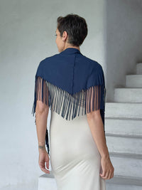caraucci-fringe-scarf-navy-worn-as-shawl-over-cream-dress #color_navy