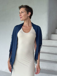 caraucci-fringe-scarf-navy-worn-as-shawl-over-cream-dress #color_navy