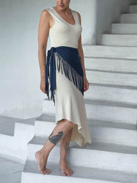 caraucci-fringe-scarf-navy-tied-at-waist-over-cream-dress #color_navy