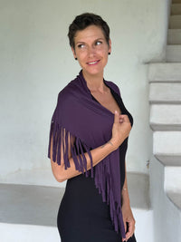 caraucci-fringe-scarf-plum-worn-as-shawl-over-black-dress #color_plum
