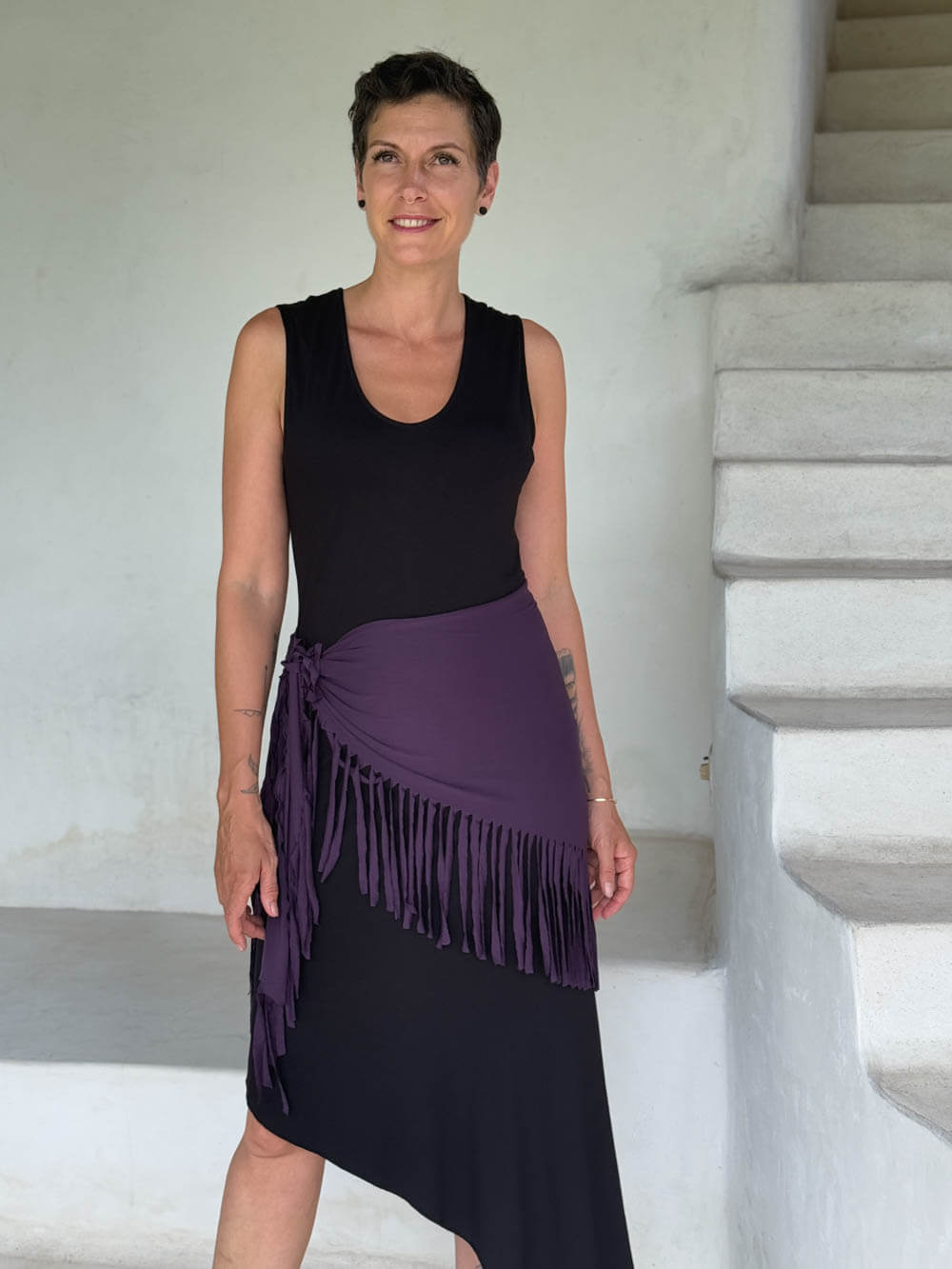 caraucci-fringe-scarf-plum-tied-as-skirt #color_plum