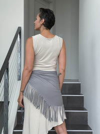 caraucci light grey fringe scarf worn as a skirt #color_stone