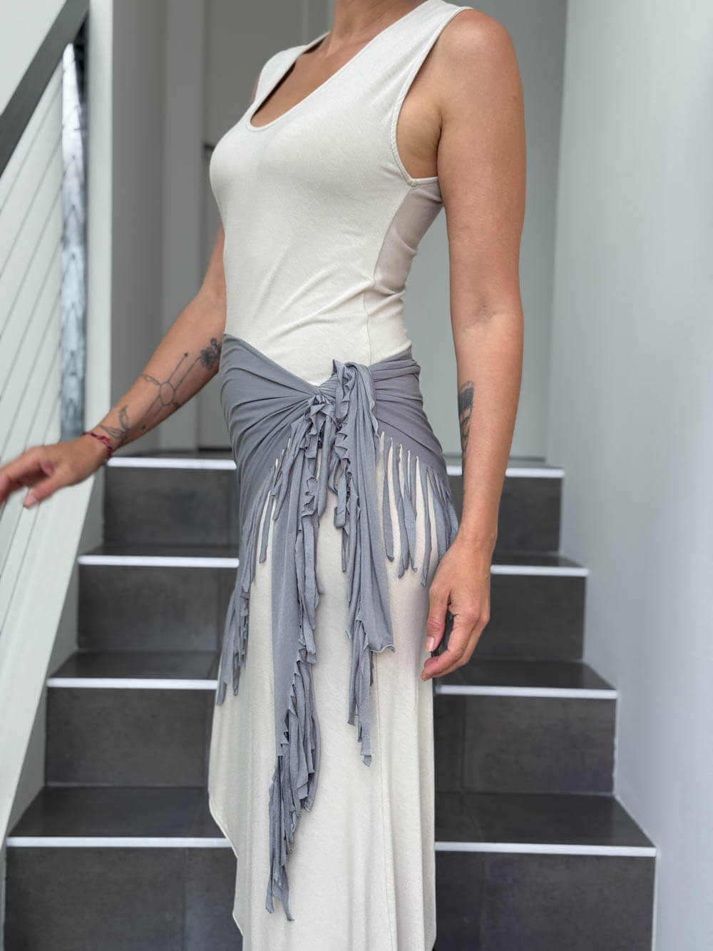 caraucci light grey fringe scarf worn as a skirt #color_stone