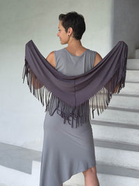 caraucci-fringe-scarf-steel-worn-as-shawl-over-grey-dress #color_steel