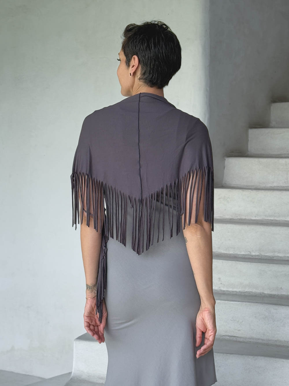 caraucci-fringe-scarf-steel-worn-as-shawl-over-stone-dress #color_steel