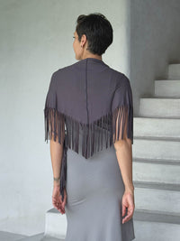 caraucci-fringe-scarf-steel-worn-as-shawl-over-stone-dress #color_steel