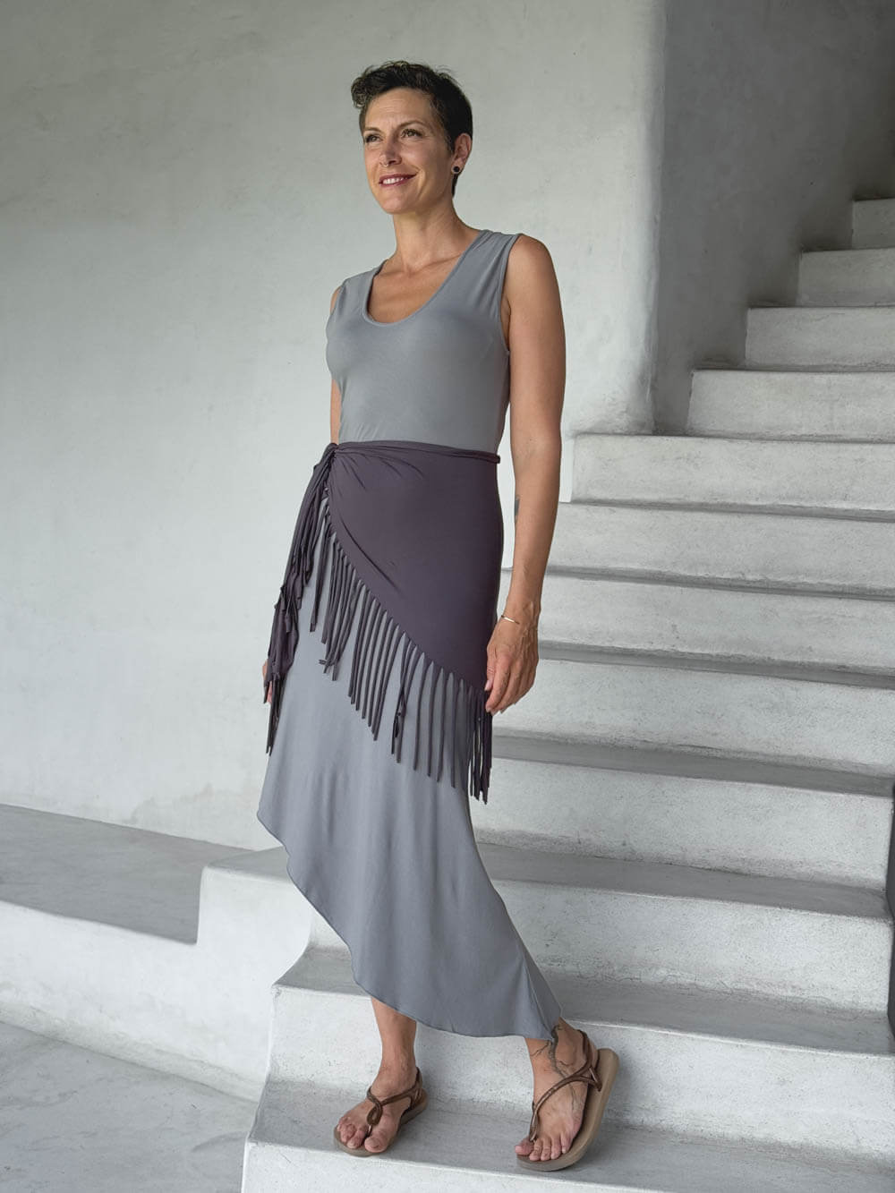 caraucci-fringe-scarf-steel-worn-as-skirt-over-stone-dress #color_steel