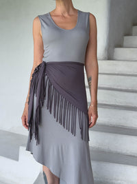 caraucci-fringe-scarf-steel-worn-as-skirt-over-stone-dress #color_steel