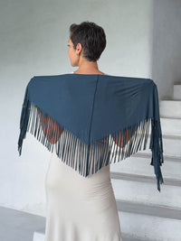 caraucci-fringe-scarf-teal-worn-as-shawl-over-cream-dress #color_teal