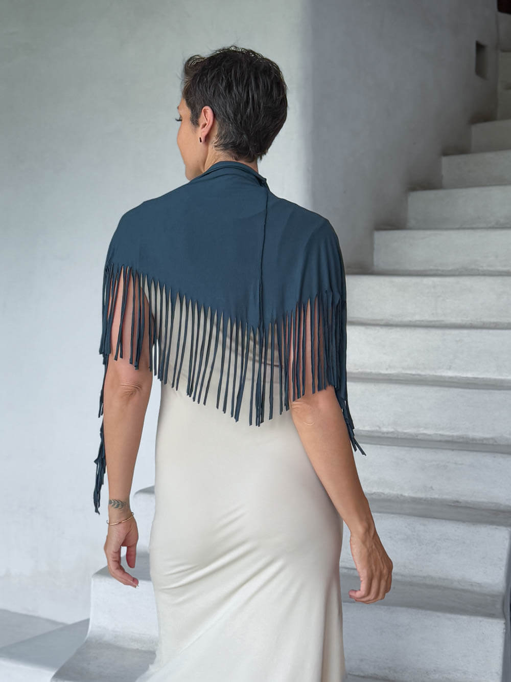 caraucci-fringe-scarf-teal-worn-as-shawl-over-cream-dress #color_teal