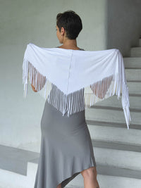caraucci-fringe-scarf-white-worn-as-shawl-over-stone-dress #color_white