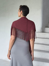 caraucci-fringe-scarf-maroon-worn-as-shawl-over-stone-dress #color_wine