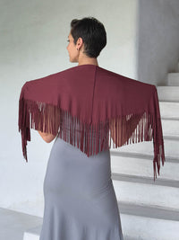 caraucci-fringe-scarf-maroon-worn-as-shawl-over-stone-dress #color_wine