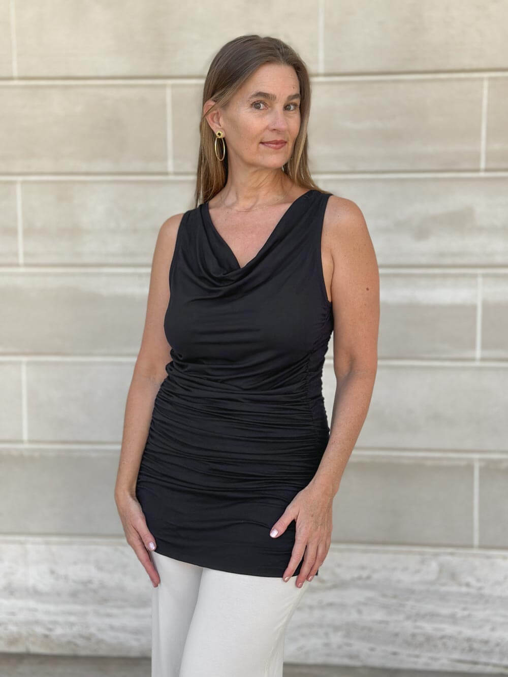 caraucci women's plant-based rayon jersey black tunic with ruched sides #color_black