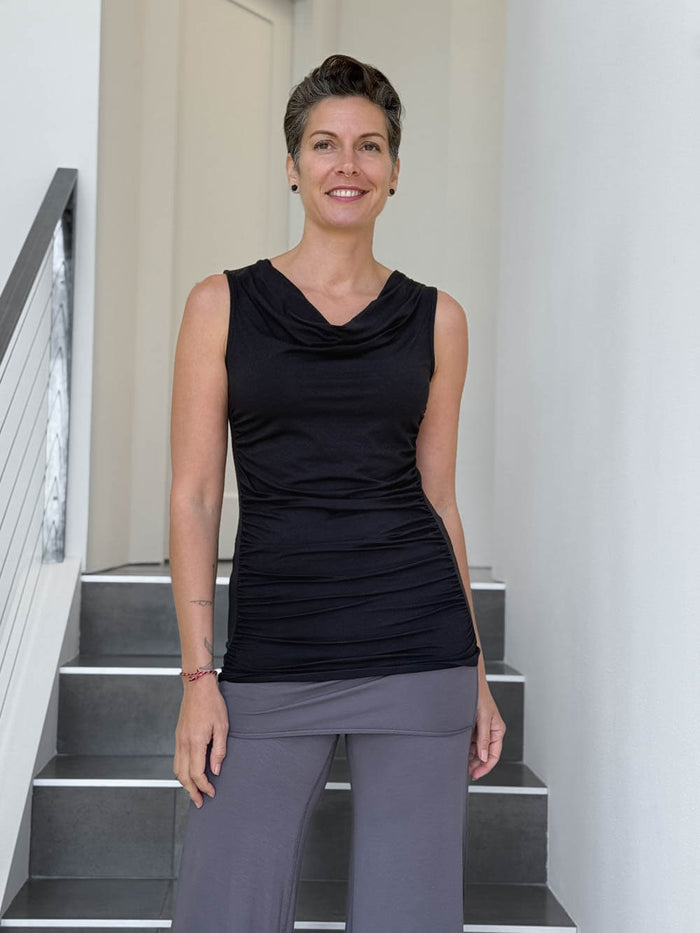 women's plant based rayon jersey black top with ruching on sides and slight cowl neck #color_black