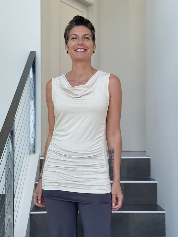women's plant based rayon jersey cream top with ruching on sides and slight cowl neck #color_cream