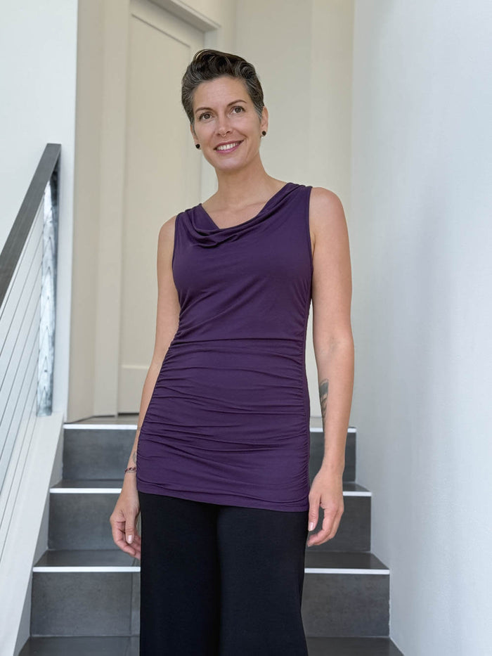 women's plant based rayon jersey purple top with ruching on sides and slight cowl neck #color_plum