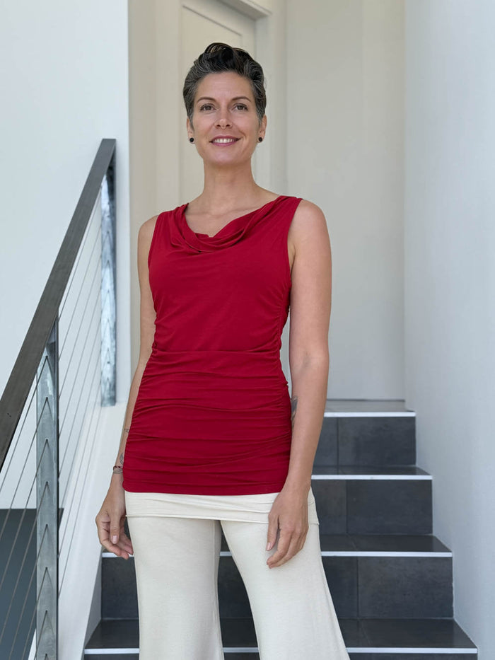 women's plant based rayon jersey red top with ruching on sides and slight cowl neck #color_red