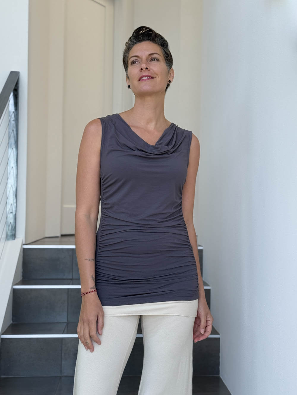 women's plant based rayon jersey steel gray top with ruching on sides and slight cowl neck #color_steel