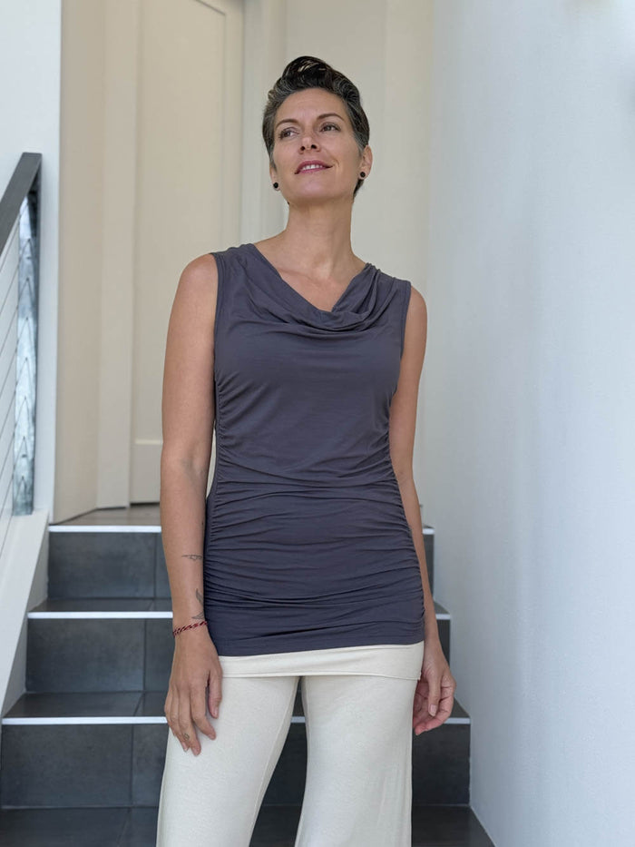 women's plant based rayon jersey steel gray top with ruching on sides and slight cowl neck #color_steel