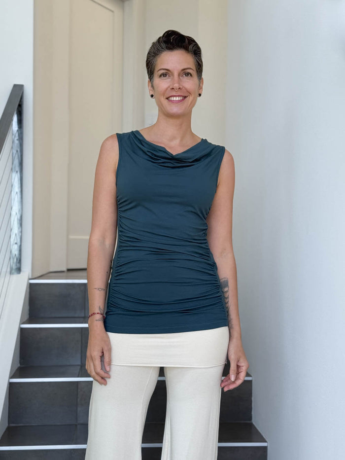 women's plant based rayon jersey teal blue top with ruching on sides and slight cowl neck #color_teal