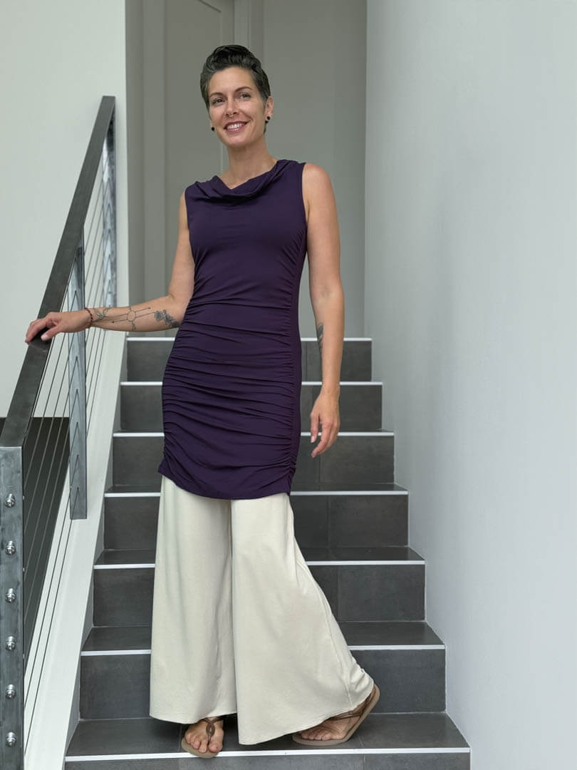 caraucci women's plant-based rayon jersey purple tunic with ruched sides #color_plum