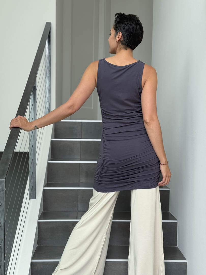 caraucci women's plant-based rayon jersey steel gray tunic with ruched sides #color_steel