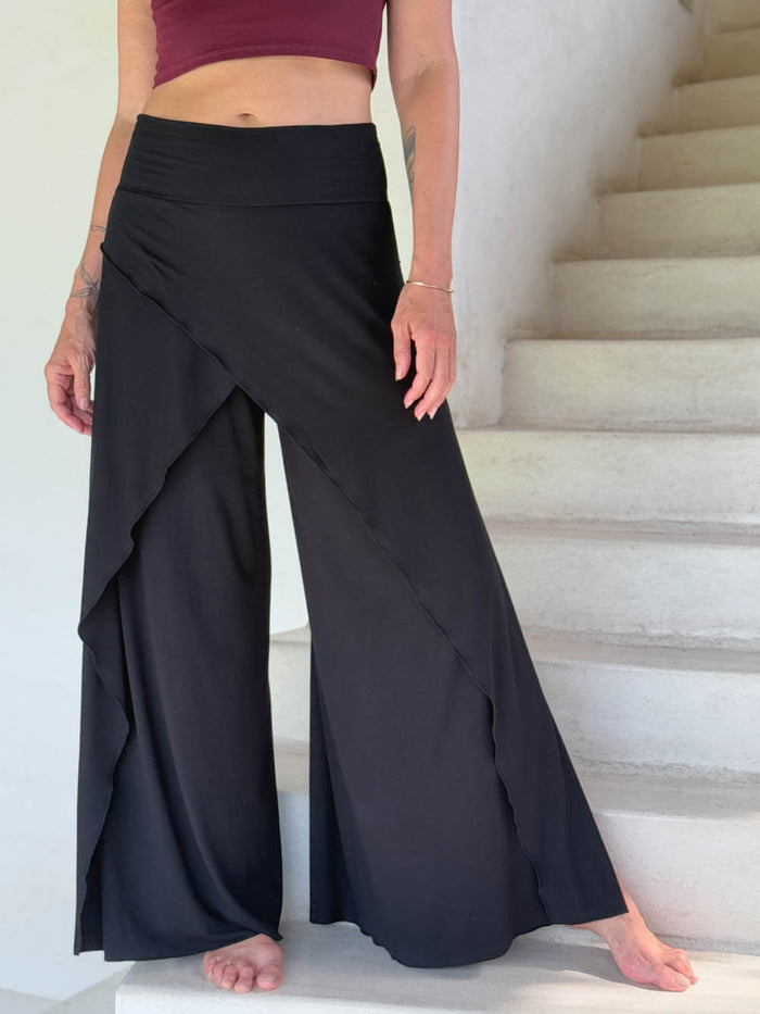 caraucci high waisted black wide leg high side slit pants #color_black