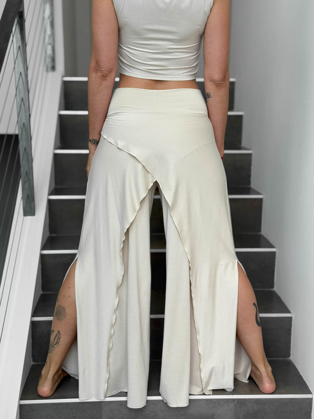 caraucci high waisted cream wide-leg high side slit pants #color_cream