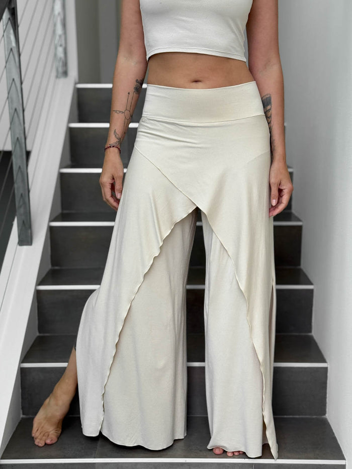 caraucci high waisted cream wide-leg high side slit pants #color_cream