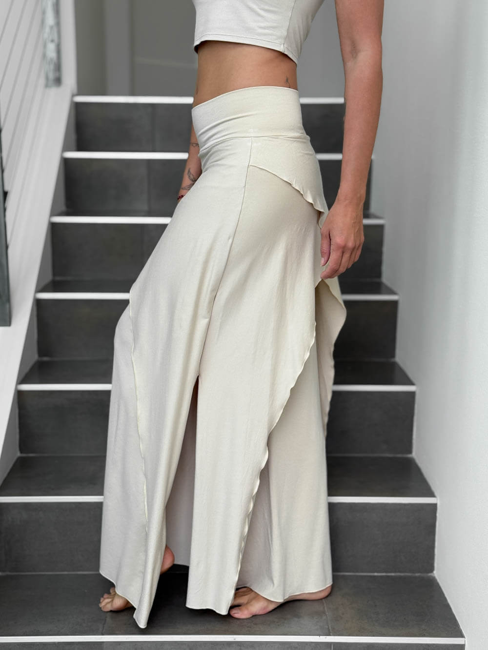 caraucci high waisted cream wide-leg high side slit pants #color_cream