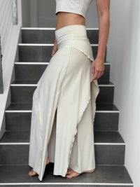 caraucci high waisted cream wide-leg high side slit pants #color_cream