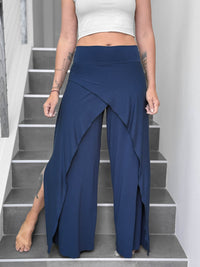 caraucci high waisted navy blue wide-leg high side slit pants #color_navy