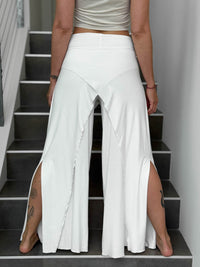 caraucci high waisted white wide leg high side slit pants #color_off-white