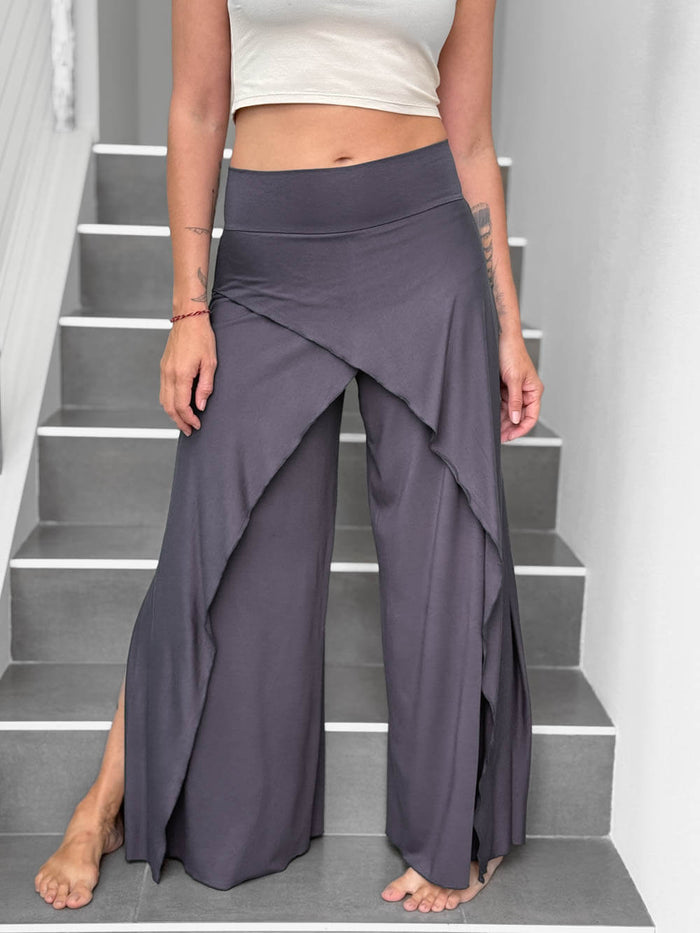 caraucci high waisted steel gray wide leg high side slit pants #color_steel
