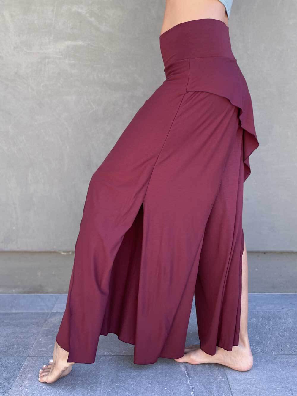 caraucci high waisted maroon wide leg high side slit pants #color_wine