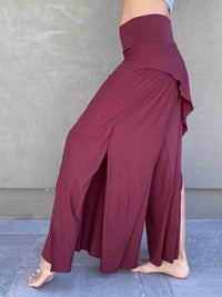 caraucci high waisted maroon wide leg high side slit pants #color_wine