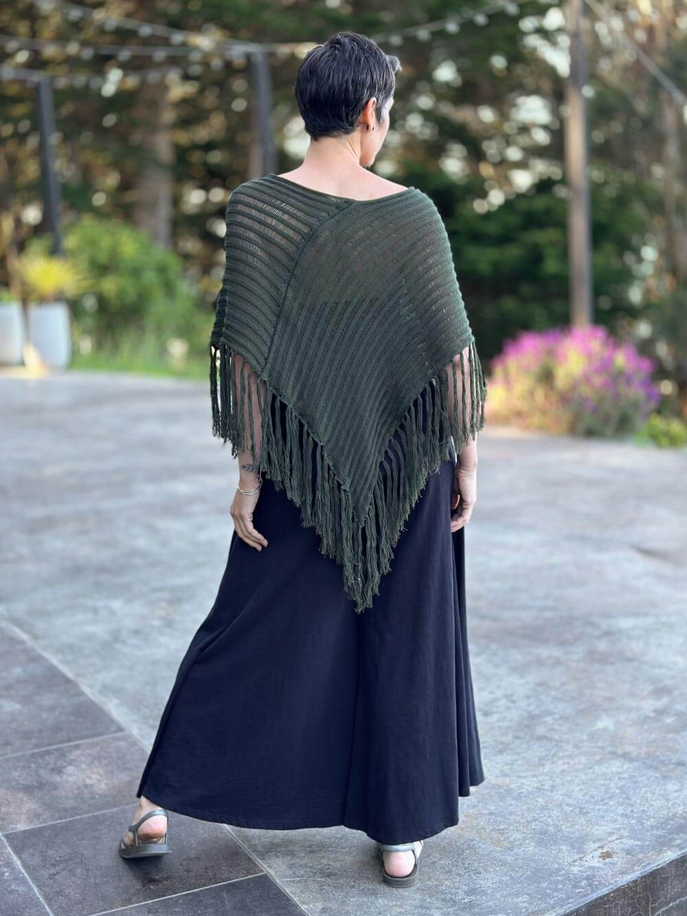 caraucci army green hand-knit cotton fringe poncho #color_army