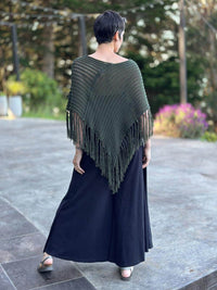 caraucci army green hand-knit cotton fringe poncho #color_army