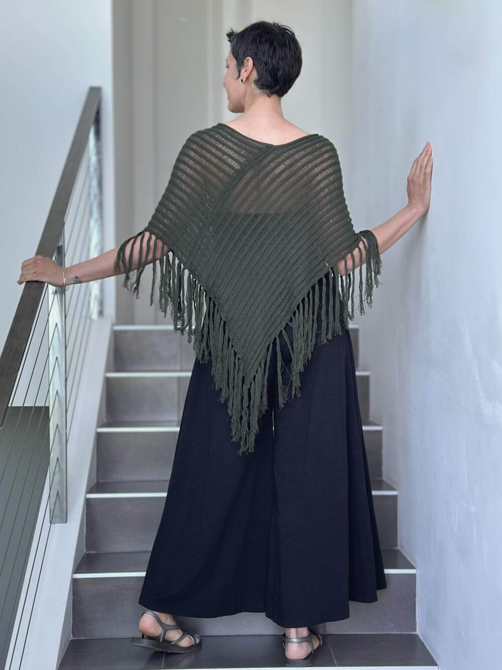 caraucci army green hand-knit cotton fringe poncho #color_army