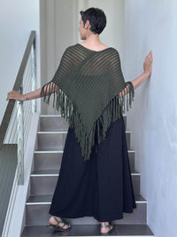 caraucci army green hand-knit cotton fringe poncho #color_army