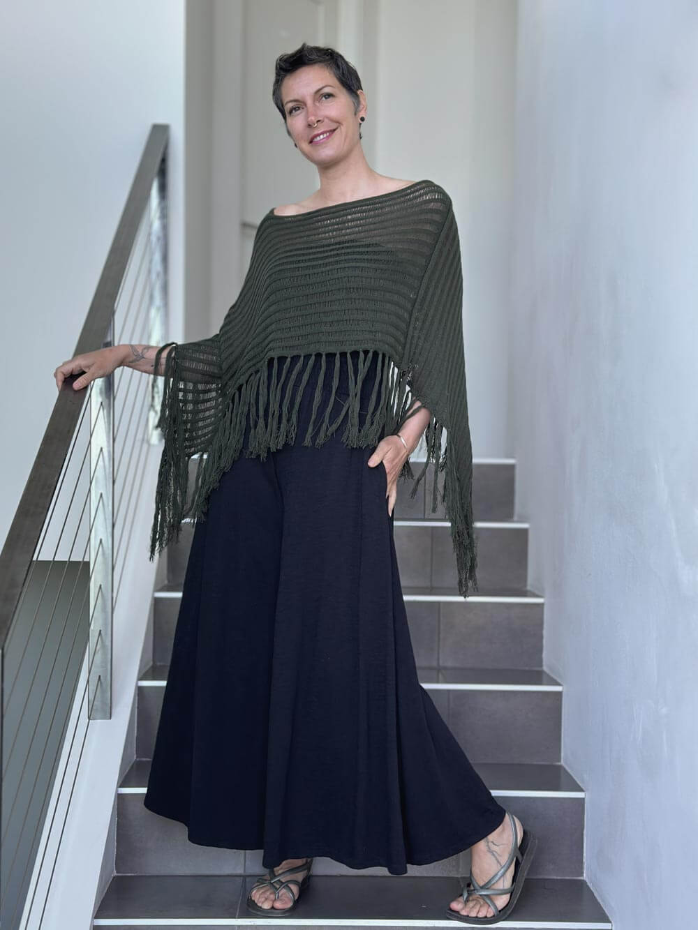 caraucci army green hand-knit cotton fringe poncho #color_army