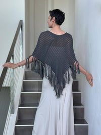 caraucci gray hand-knit cotton fringe poncho #color_charcoal