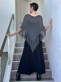 caraucci gray hand-knit cotton fringe poncho #color_charcoal